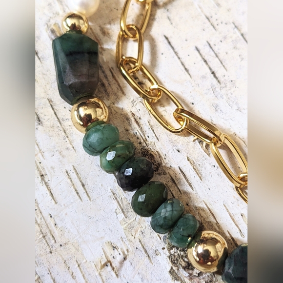 Natural Green Emerald & Freshwater Pearls In Paperclip Necklace And Bracelet - Picture 8 of 11